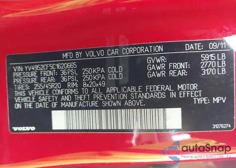 2012 Volvo Xc90 3.2 R-Design из США, поврежденный, VIN YV4952CF5C1620665